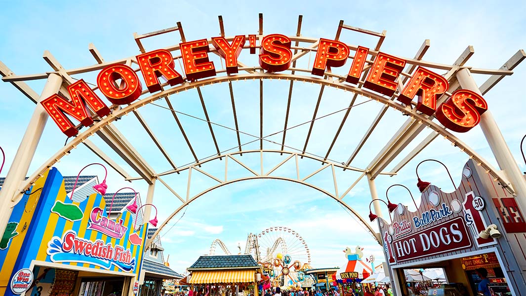 Morey's Piers amusement park sign.