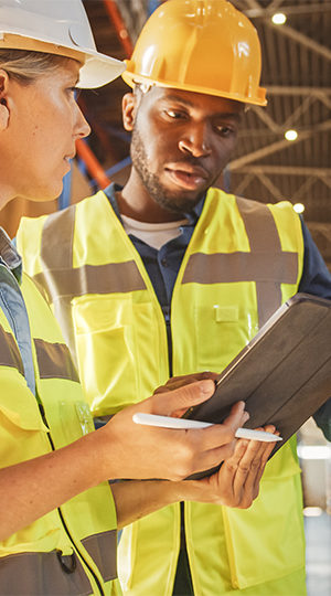 Two construction workers looking at a tablet.