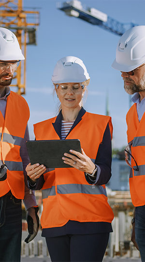 Three people in construction vests and hats looking at a tablet.