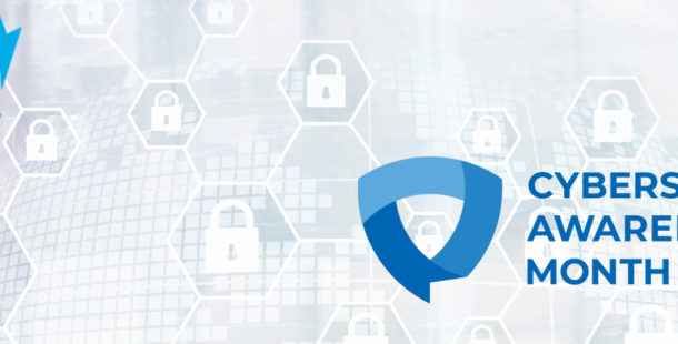 Cybersecurity Awareness Month Logo over transparent website lock pattern