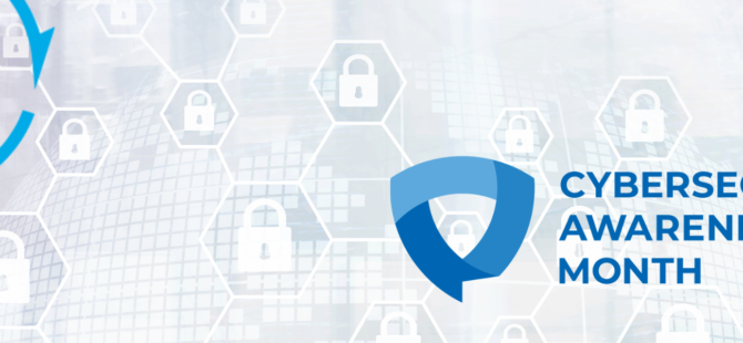 Cybersecurity Awareness Month Logo over transparent website lock pattern