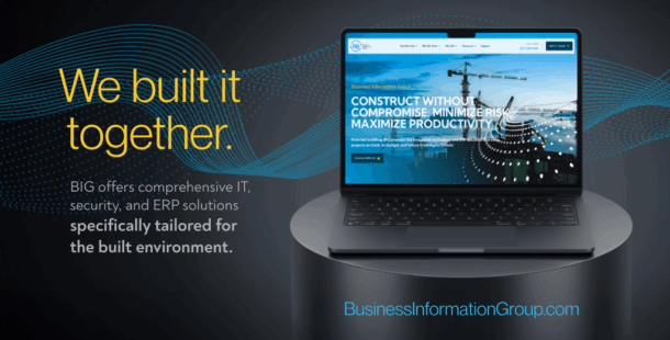 This is a graphic showing BIG's new website on a computer screen with the words
