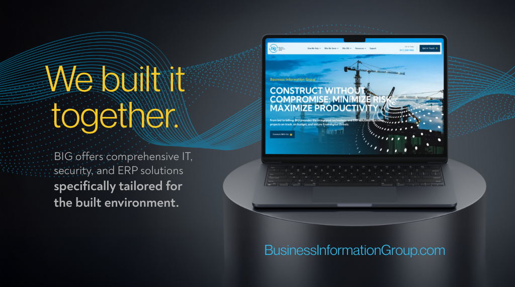 This is a graphic showing BIG's new website on a computer screen with the words