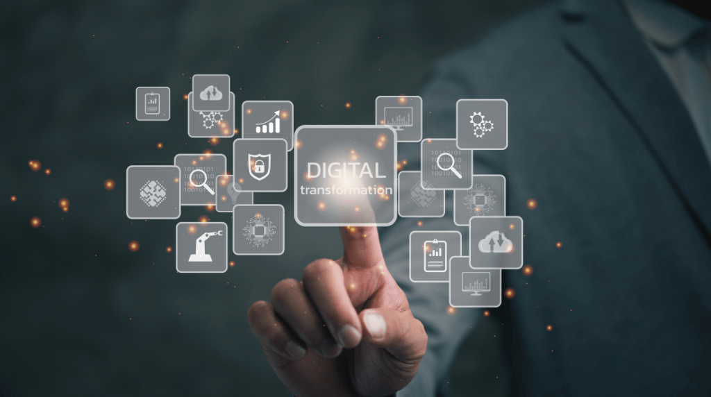 Business professional pointing at illuminated 'DIGITAL transformation' text surrounded by floating technology icons including cloud computing, analytics charts, security shields, and data management symbols, representing the strategic technology solutions that drive construction industry digital transformation and operational efficiency.