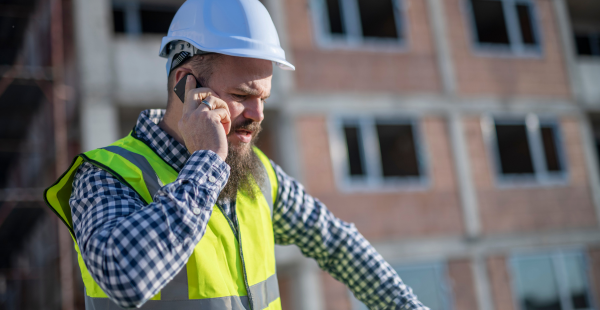 Construction worker in light blue hard hat and yellow high-visibility safety vest over a checkered shirt talks on a mobile phone at a job site. An unfinished brick building with window openings is visible in the blurred background.