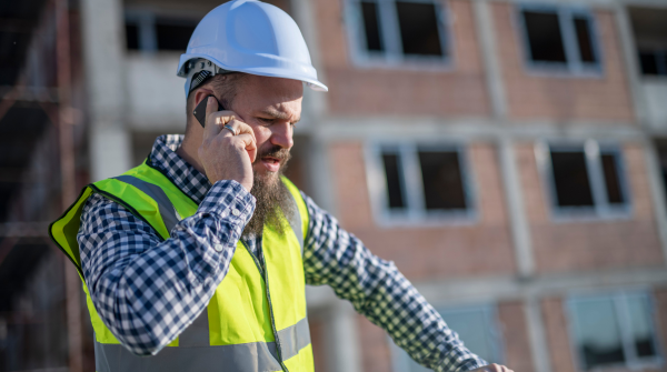 Construction worker in light blue hard hat and yellow high-visibility safety vest over a checkered shirt talks on a mobile phone at a job site. An unfinished brick building with window openings is visible in the blurred background.